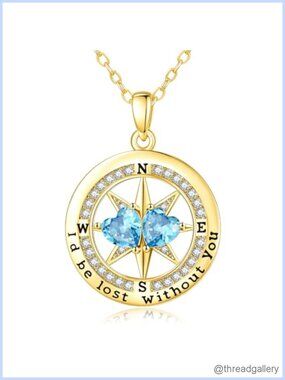 Compass Birthstone Pendant Necklace White Gold Plated Double Stone Gift